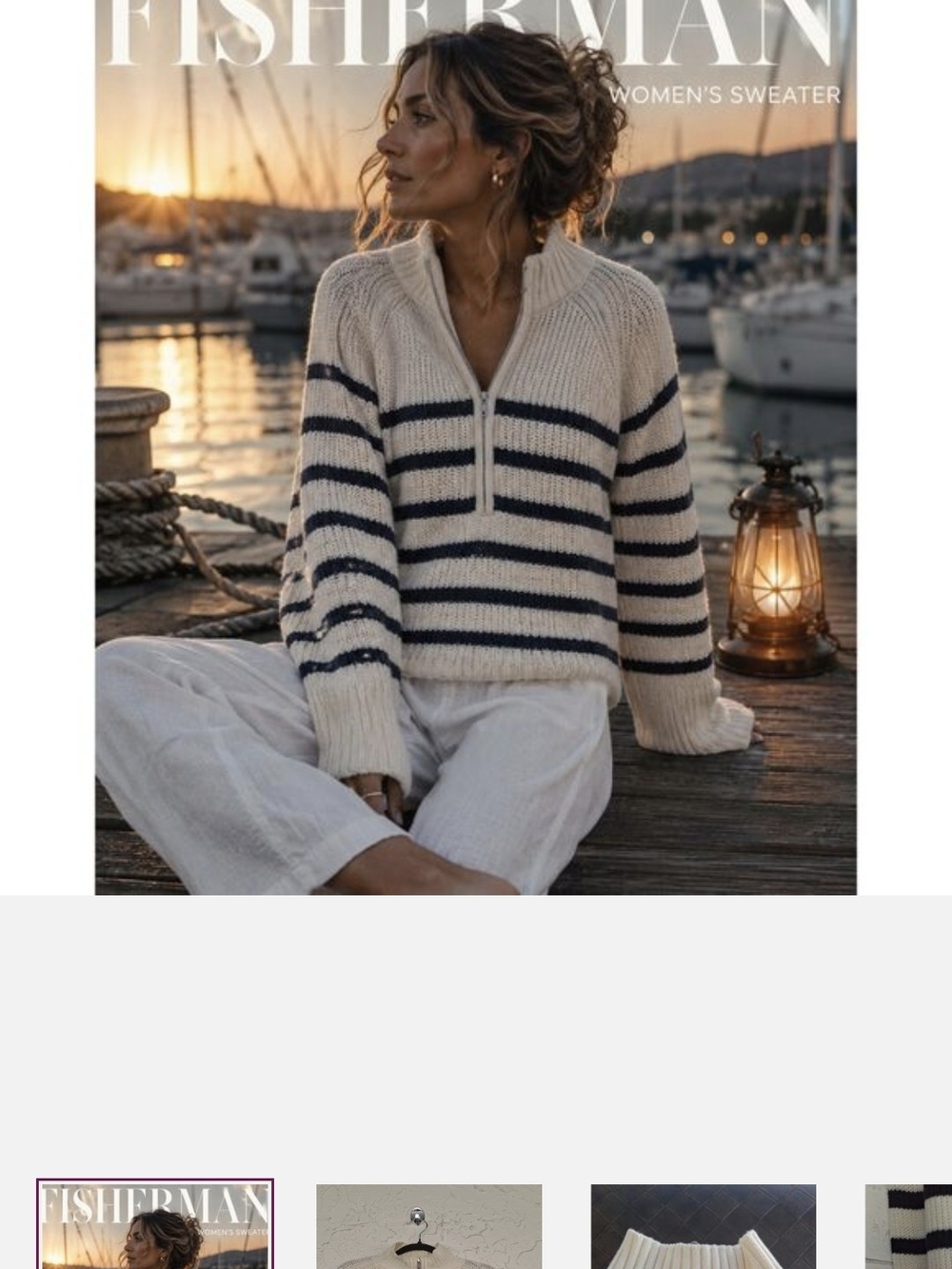 Fisherman Knit Cowl Sweater in Cream with Navy Stripes